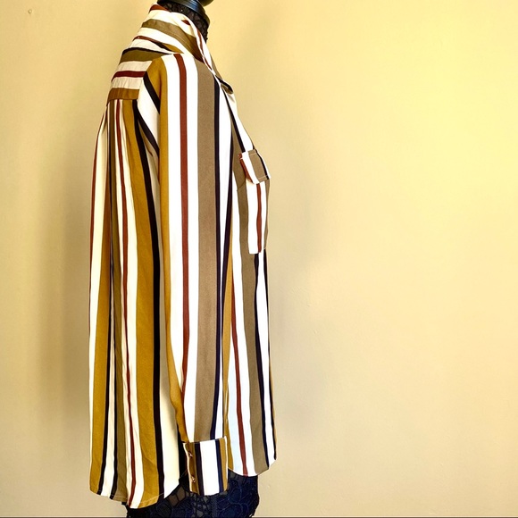 Green Olive White Stripe Long Button-down Blouse 6 - Picture 6 of 16